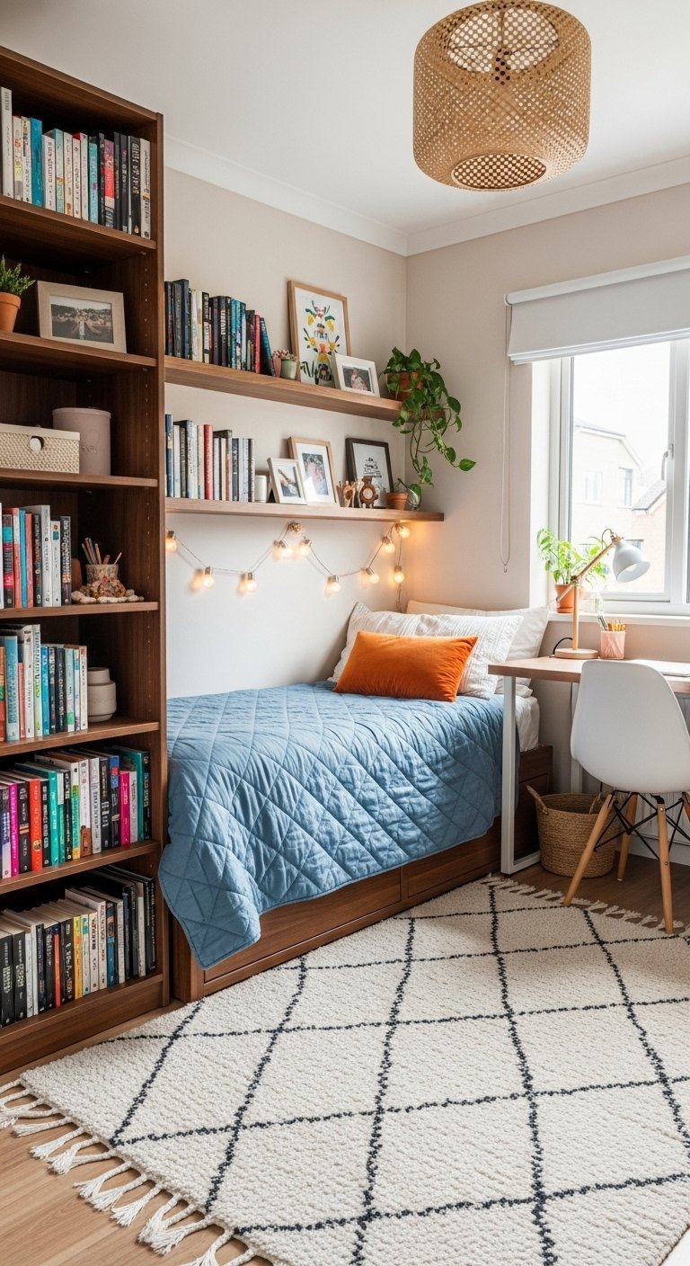 Petite chambre fonctionnelle avec lit collé à une grande bibliothèque