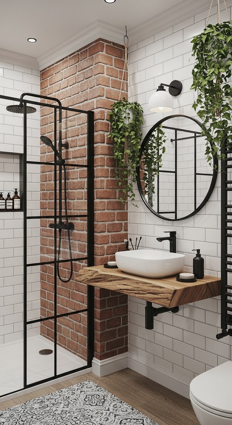 Petite salle de bain industrielle avec mur de briques et douche verrière