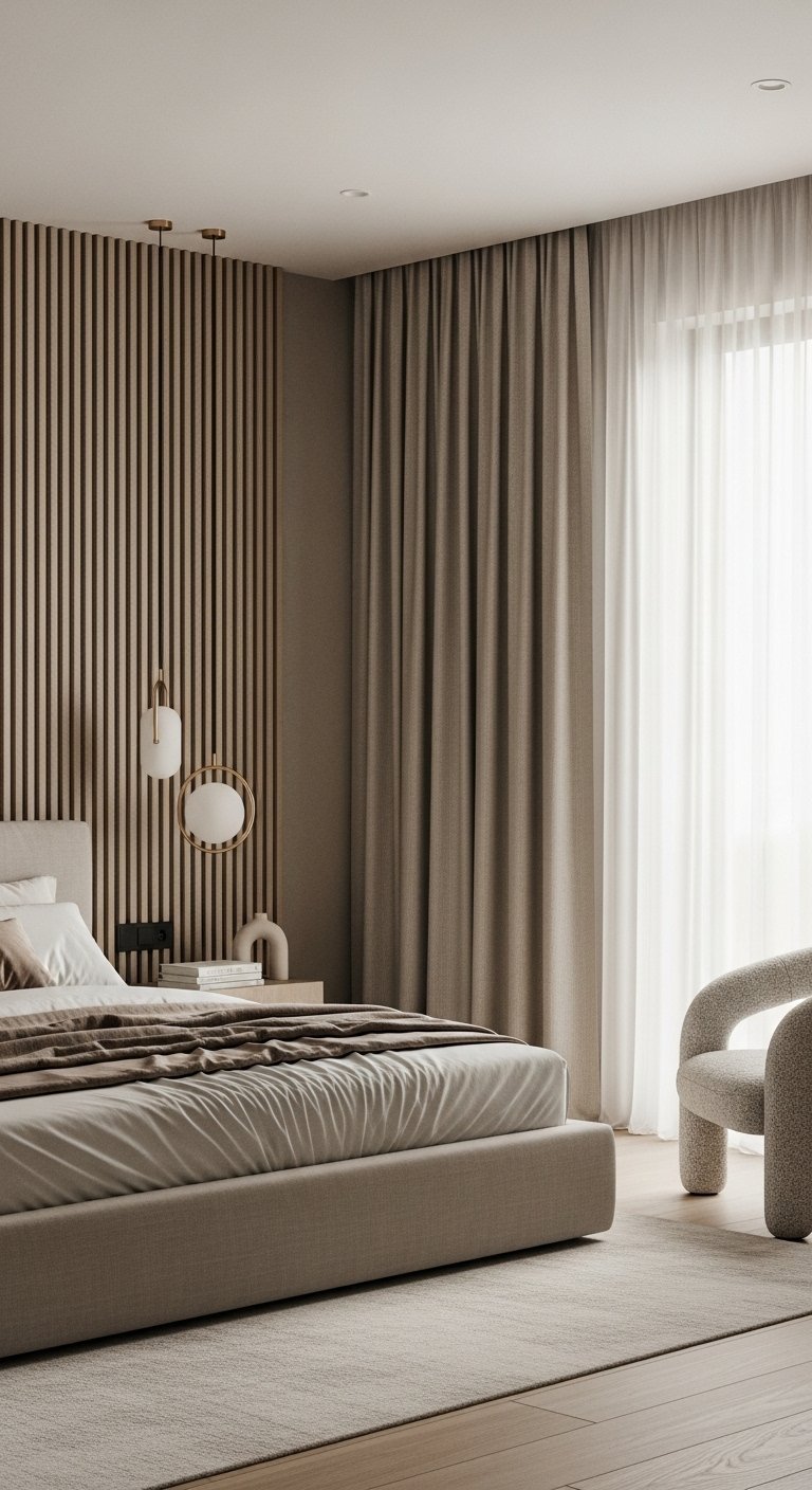 Rideaux beiges texturés a cote d un mur a tasseaux de bois dans une chambre