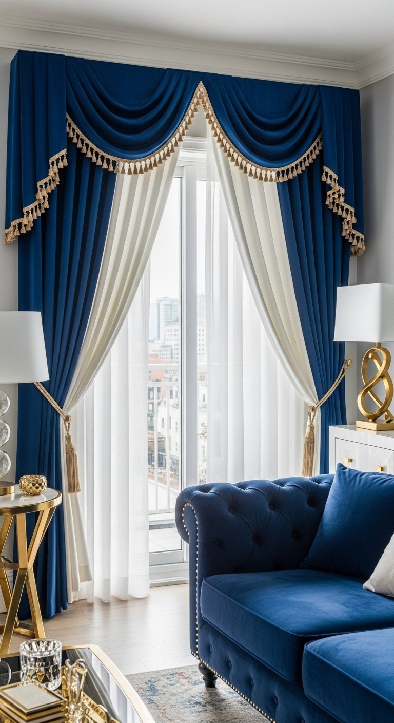 Rideaux en velours bleu roi avec une cantonnière drapée et des embrasses à pompons dorés