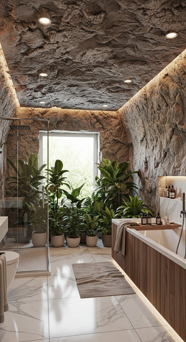Salle de bain nature style grotte avec murs en roche et plantes
