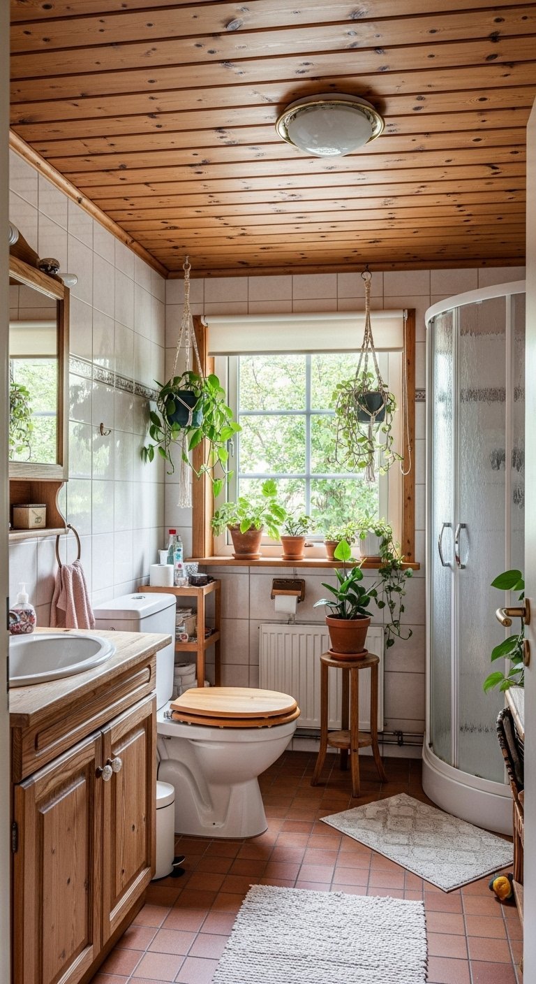 Salle de bain scandinave avec lambris en pin au plafond et sur les meubles