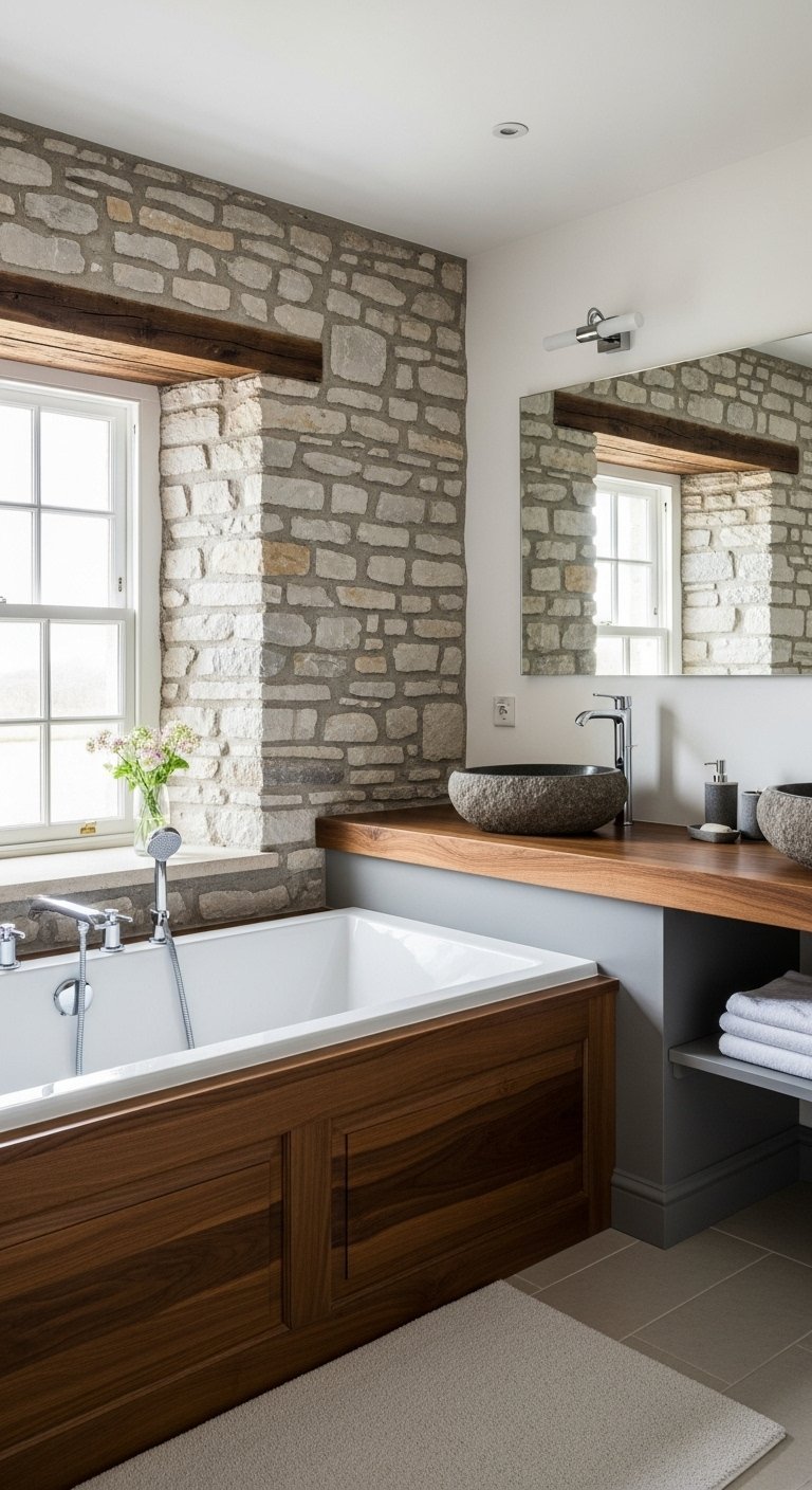 Salle de bains avec mur en pierre claire plan de travail en bois et vasques en pierre