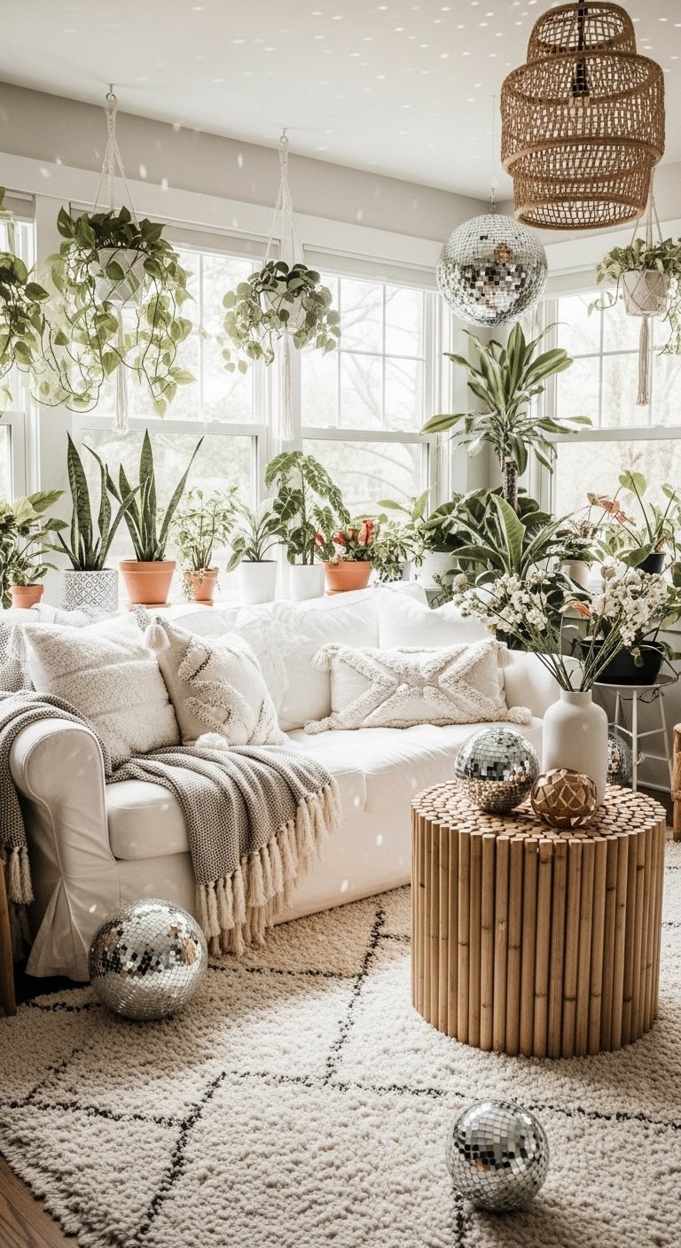 Salon boheme lumineux avec canape blanc et boules a facettes suspendues