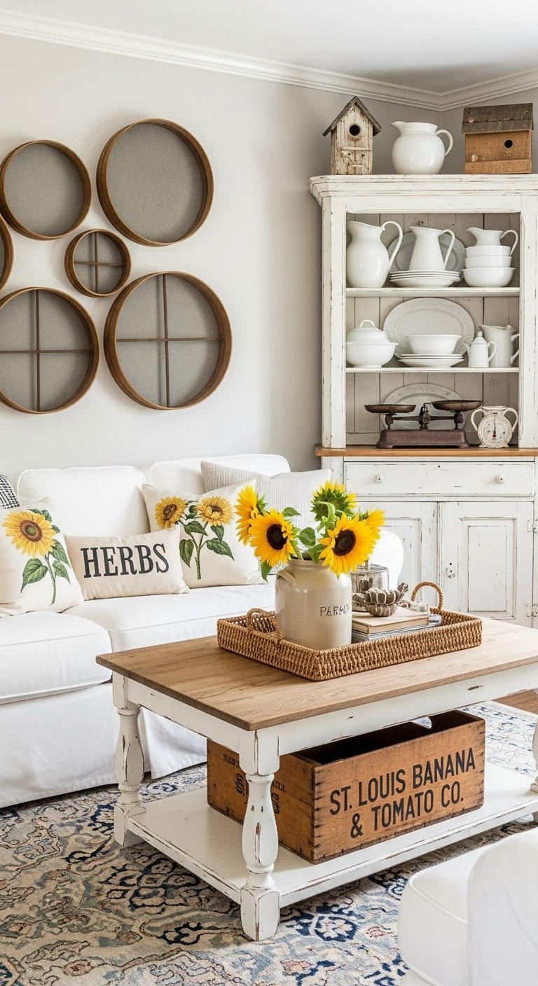 Salon campagne chic avec vaisselier blanc patine et coussins tournesol