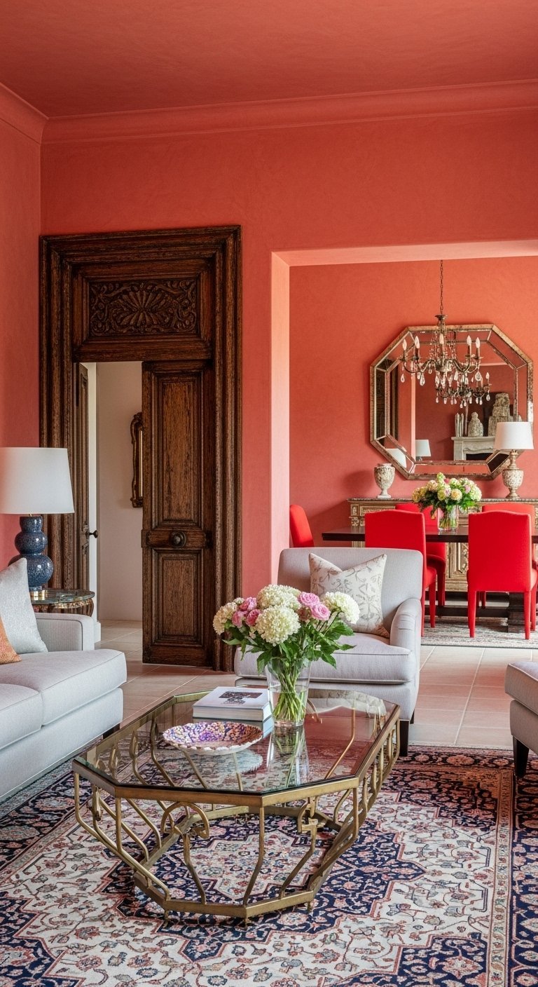 Salon classique avec murs terracotta corail table basse en verre et fauteuil gris