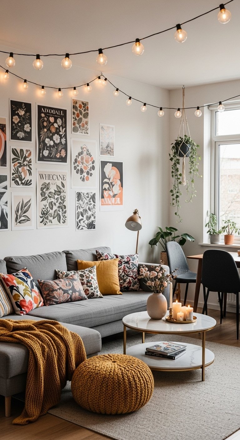 Salon moderne avec un mur de posters botaniques et des coussins colorés.