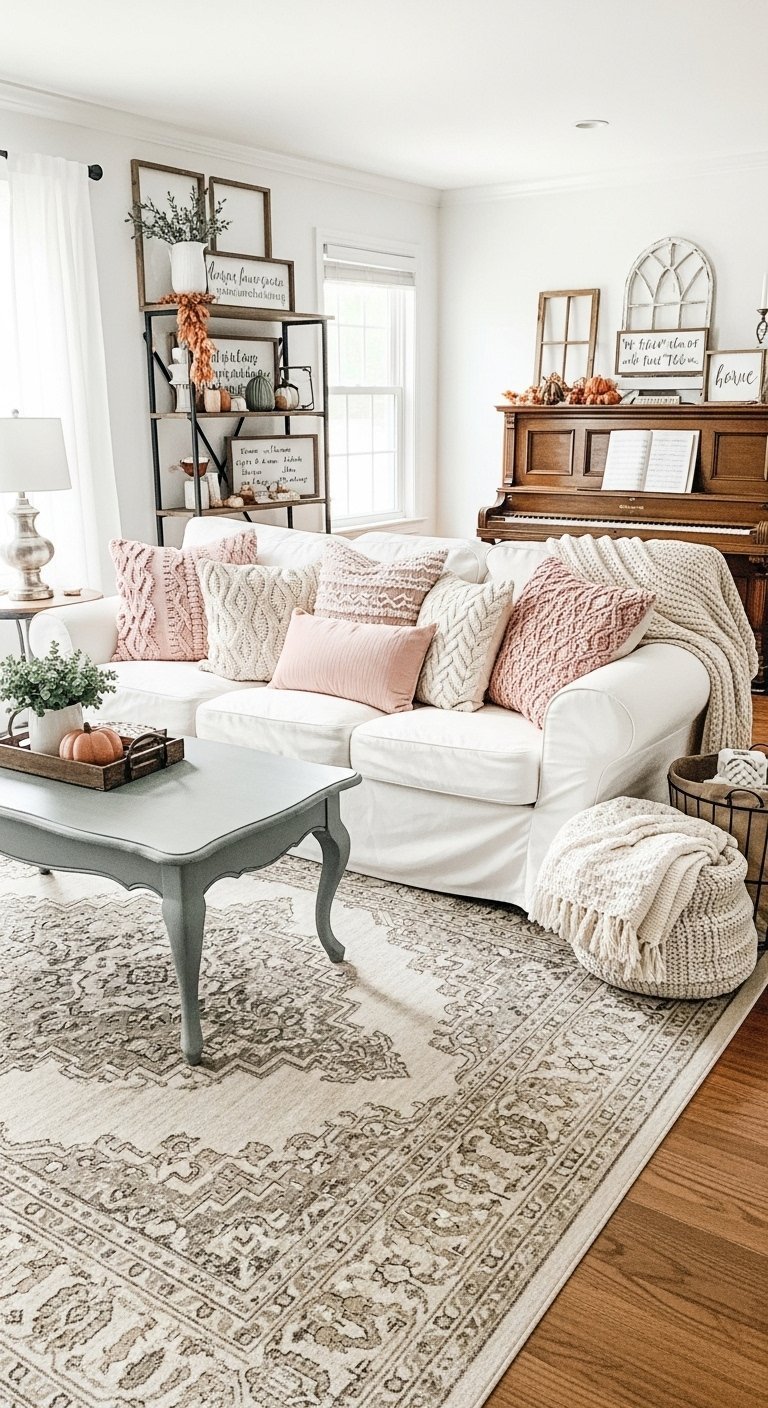 Tapis de salon beige à l aspect usé dans un intérieur de style farmhouse avec un canapé blanc
