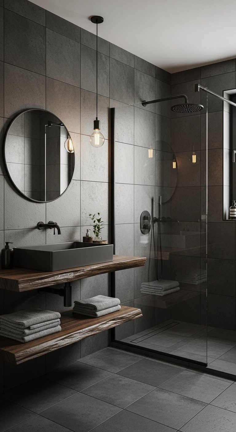 Vasque noire sur étagères en bois brut avec carrelage gris foncé