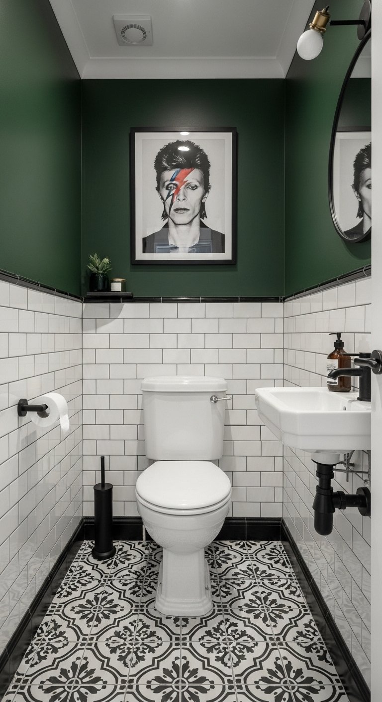 WC avec mur vert foncé carrelage blanc et portrait de David Bowie