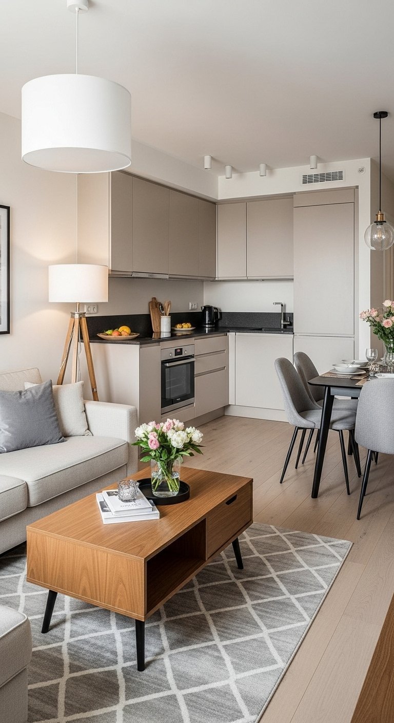 Agencement de salon avec canapé et tapis délimitant l espace d une cuisine ouverte