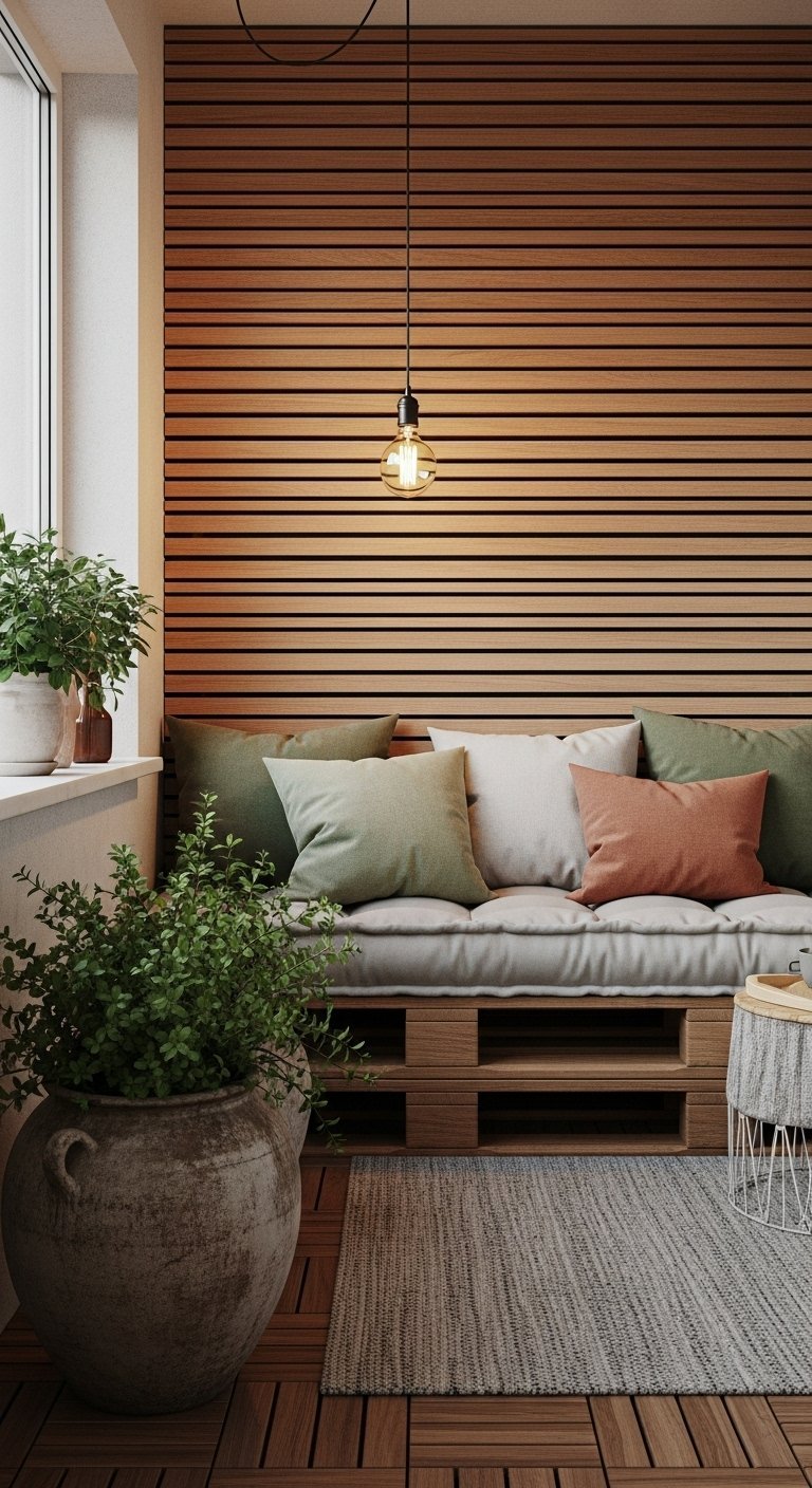 Canapé fabriqué en palettes sur un balcon avec un mur en tasseaux de bois