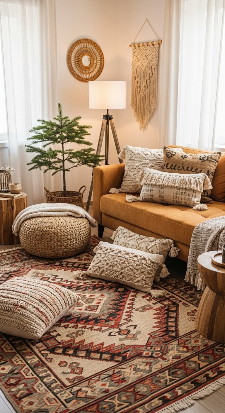 Canapé ocre dans un salon bohème avec tapis kilim et coussins texturés