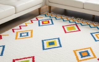 Canapés en cuir blanc avec coussins et tapis à motifs géométriques colorés