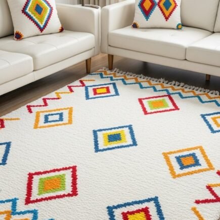 Canapés en cuir blanc avec coussins et tapis à motifs géométriques colorés