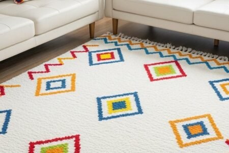 Canapés en cuir blanc avec coussins et tapis à motifs géométriques colorés
