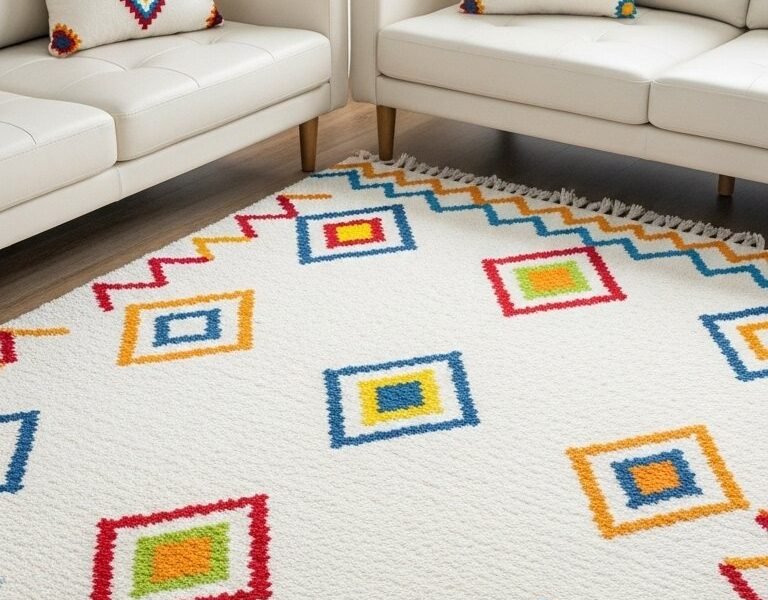 Canapés en cuir blanc avec coussins et tapis à motifs géométriques colorés