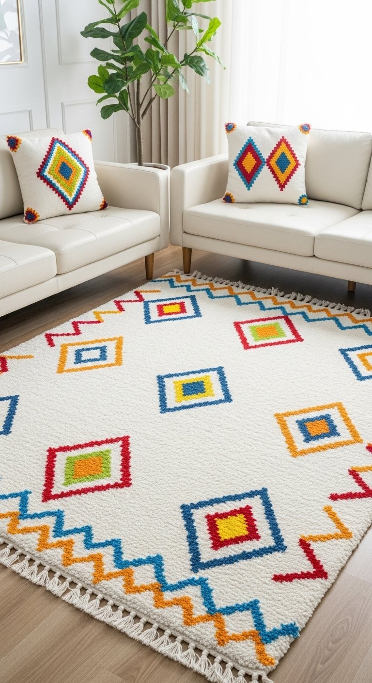 Canapés en cuir blanc avec coussins et tapis à motifs géométriques colorés