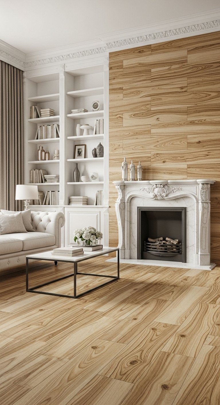 Carrelage imitation parquet teinte miel dans un salon classique avec cheminée en marbre