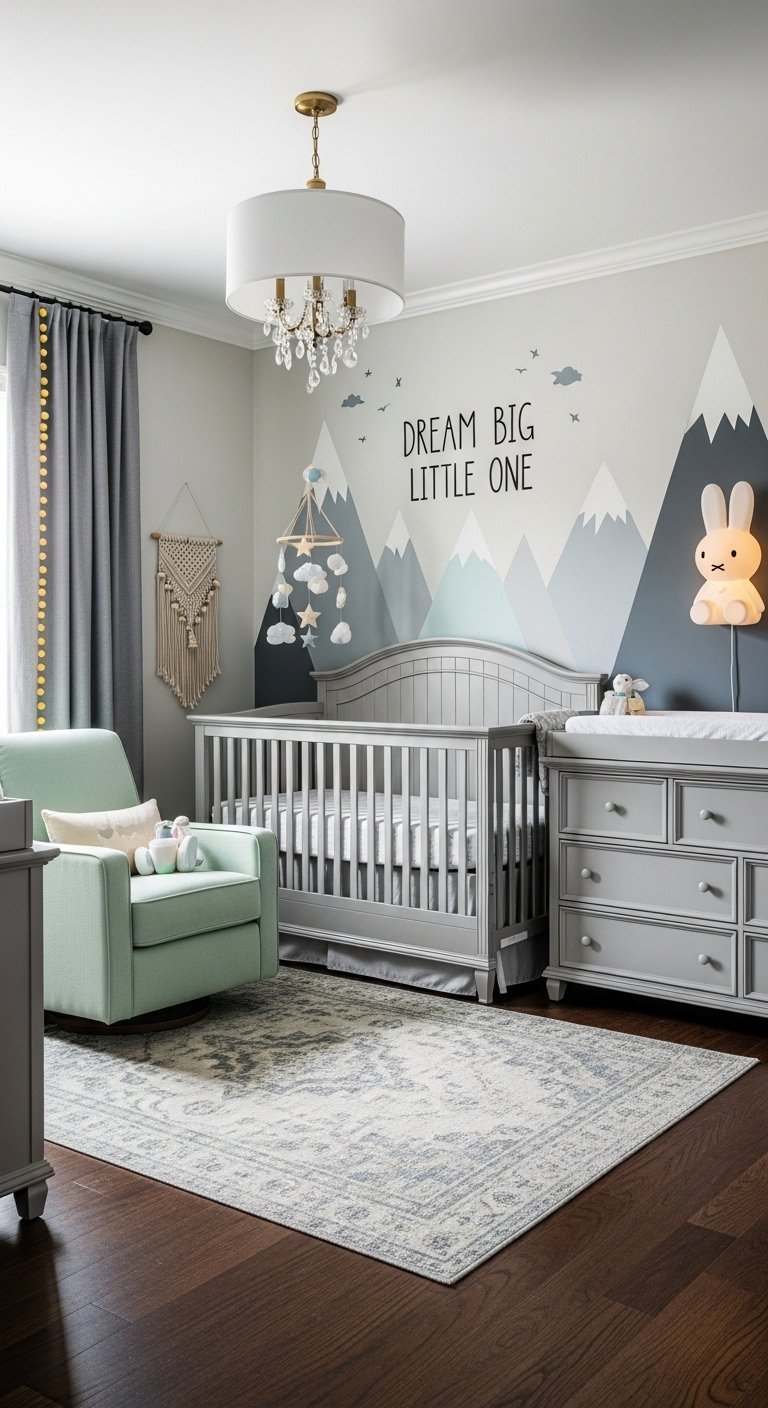 Chambre bébé avec fresque murale de montagnes et citation inspirante