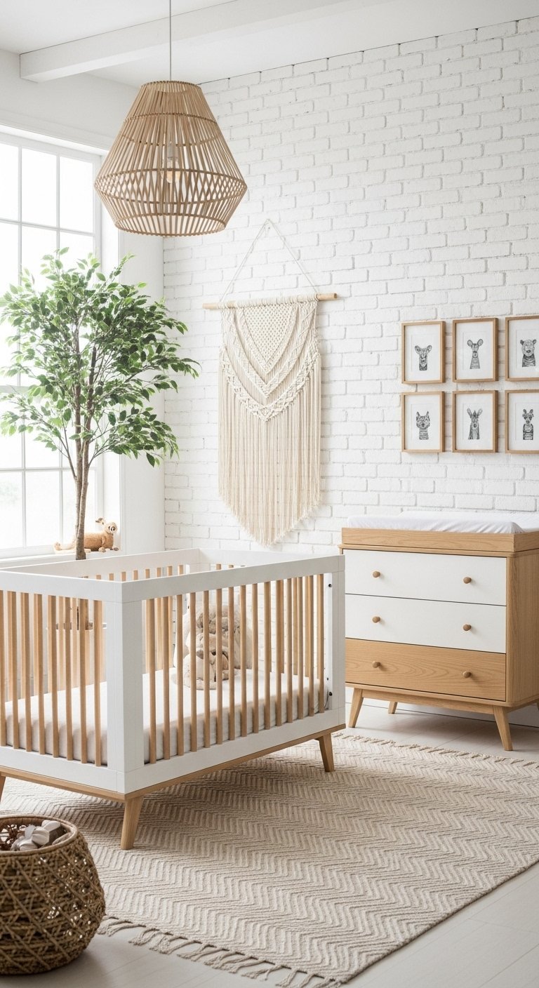 Chambre bebe scandinave avec mur brique blanche et lit bois et blanc