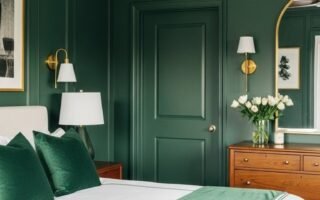Chambre chic avec murs et porte peints en vert foncé et appliques en laiton