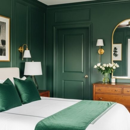 Chambre chic avec murs et porte peints en vert foncé et appliques en laiton