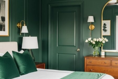 Chambre chic avec murs et porte peints en vert foncé et appliques en laiton