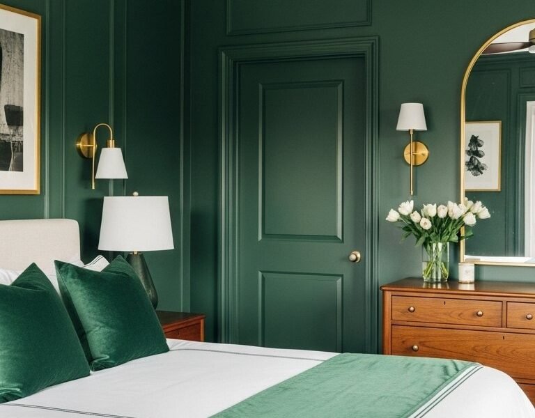 Chambre chic avec murs et porte peints en vert foncé et appliques en laiton