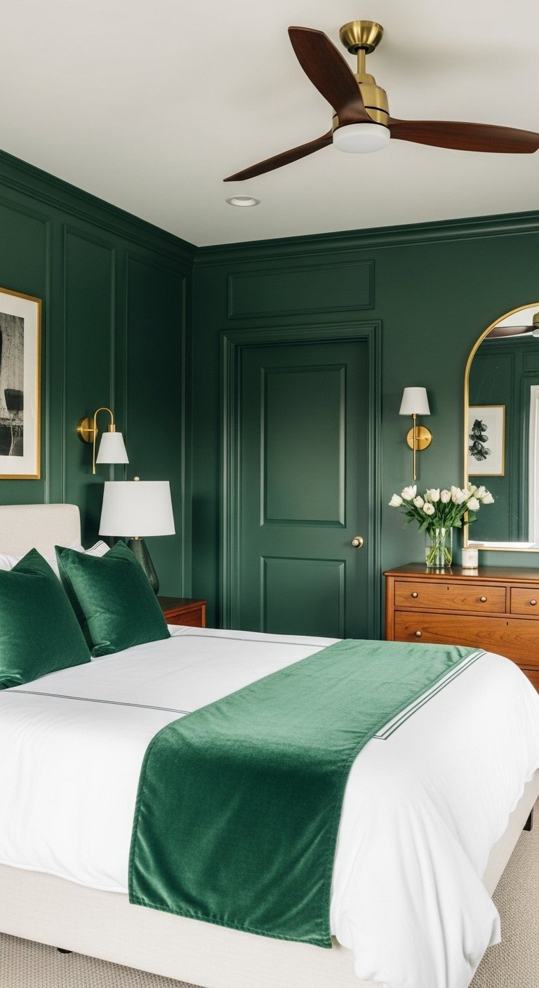 Chambre chic avec murs et porte peints en vert foncé et appliques en laiton