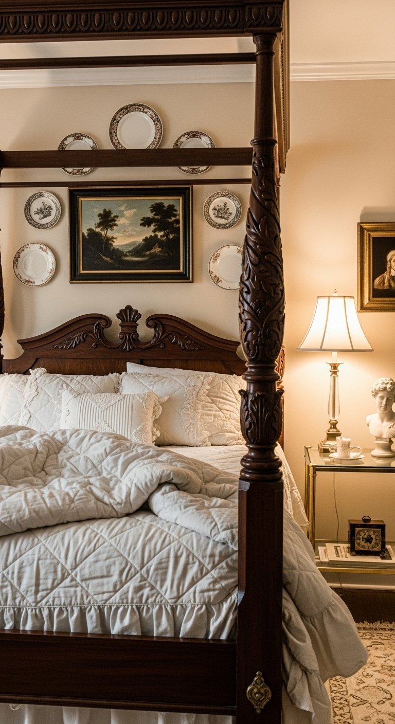 Chambre classique avec lit à baldaquin en bois sculpté et assiettes décoratives