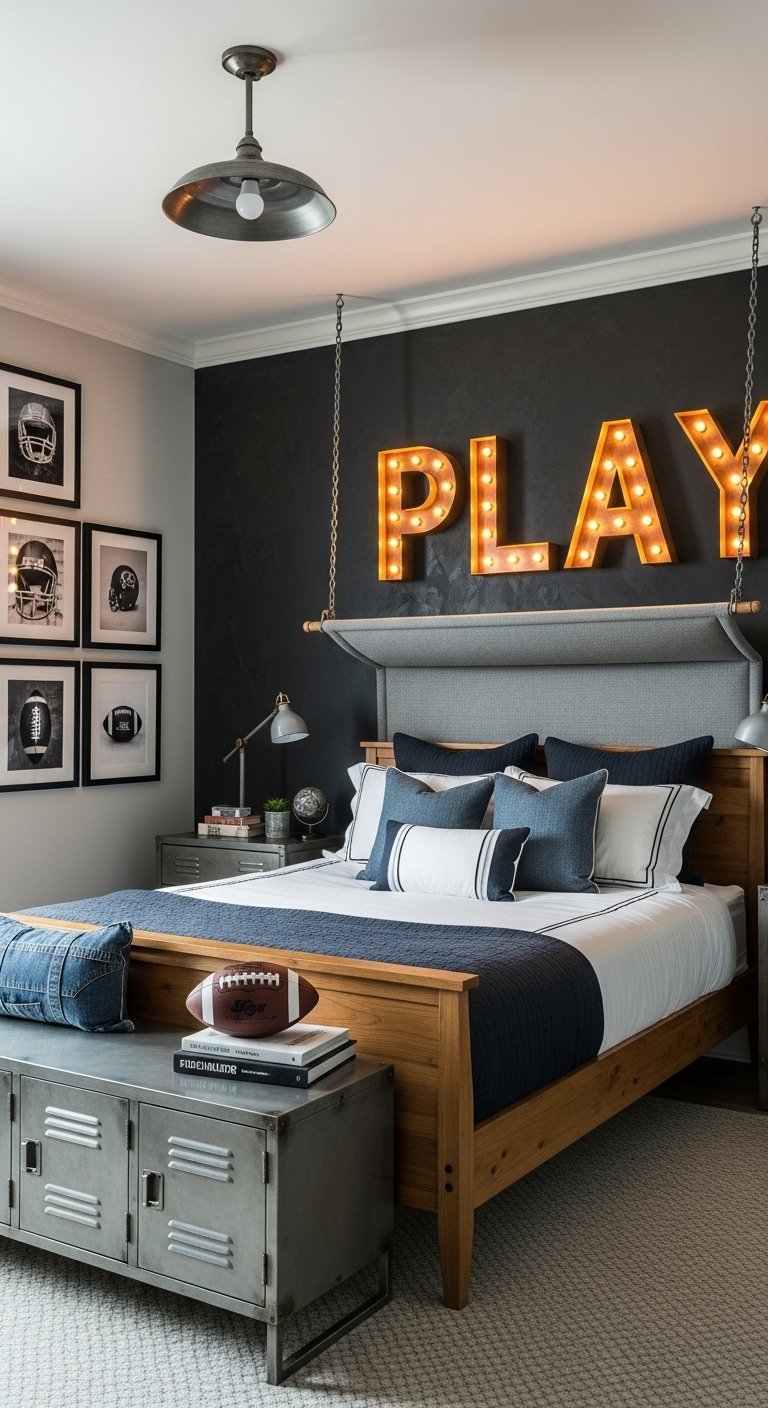 Chambre d ado de style industriel avec un mur noir et une enseigne lumineuse PLAY