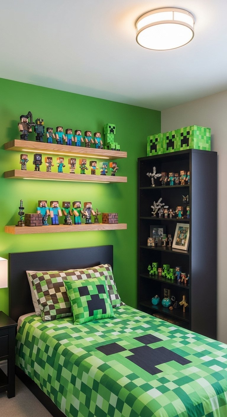 Chambre de garçon sur le thème de Minecraft avec un mur vert et une parure de lit Creeper