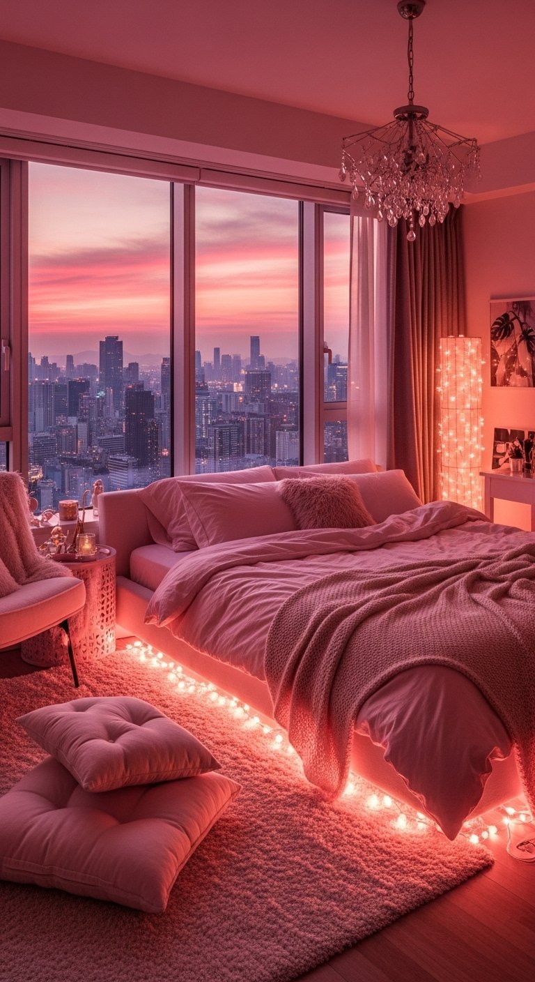 Chambre de luxe avec éclairage LED rose sous le lit et vue sur la ville