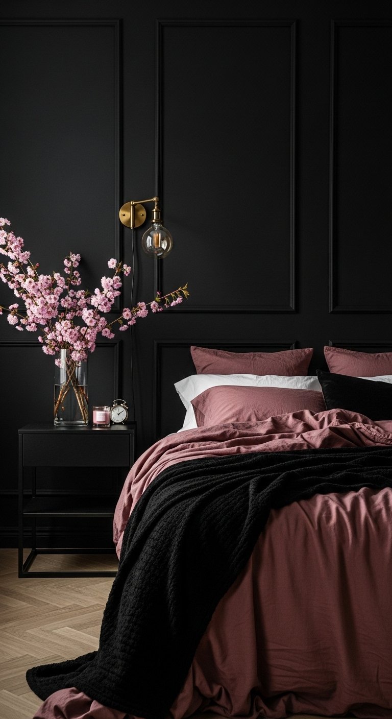 Chambre élégante avec mur noir et linge de lit rose poudré