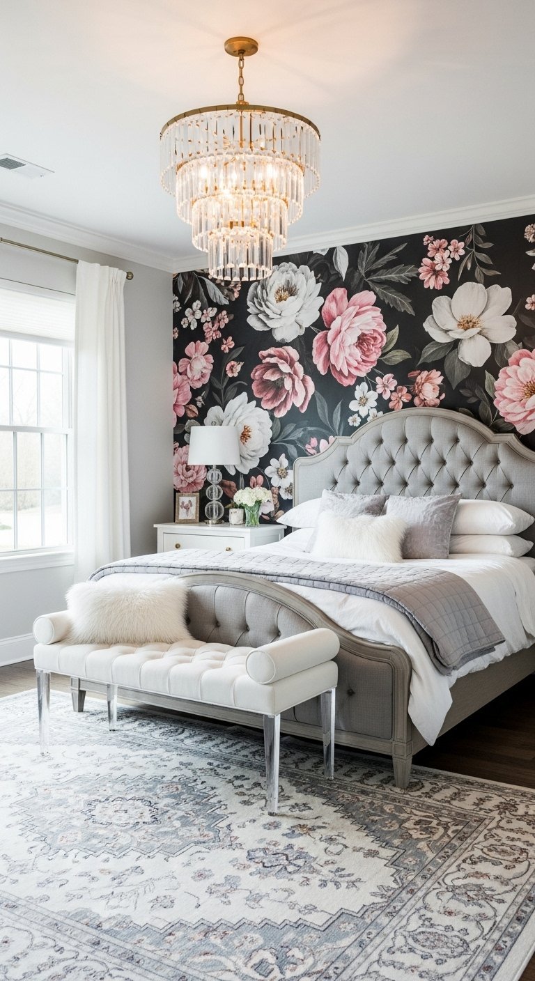 Chambre élégante avec papier peint floral foncé et lit capitonné gris