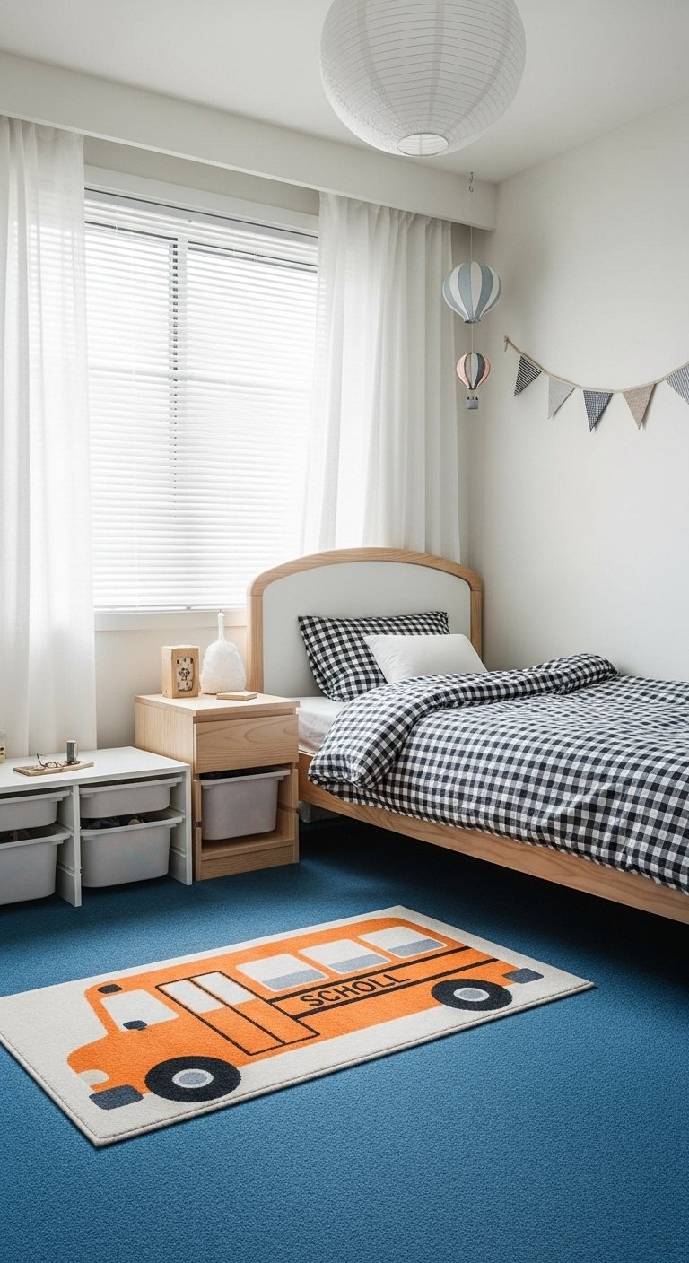 Chambre enfant moderne minimaliste avec moquette bleue et tapis bus