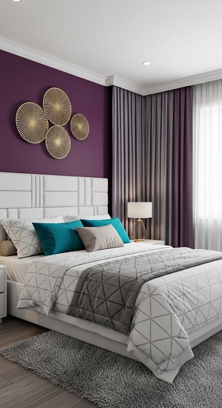Chambre moderne avec mur violet fonce et accents turquoise et or