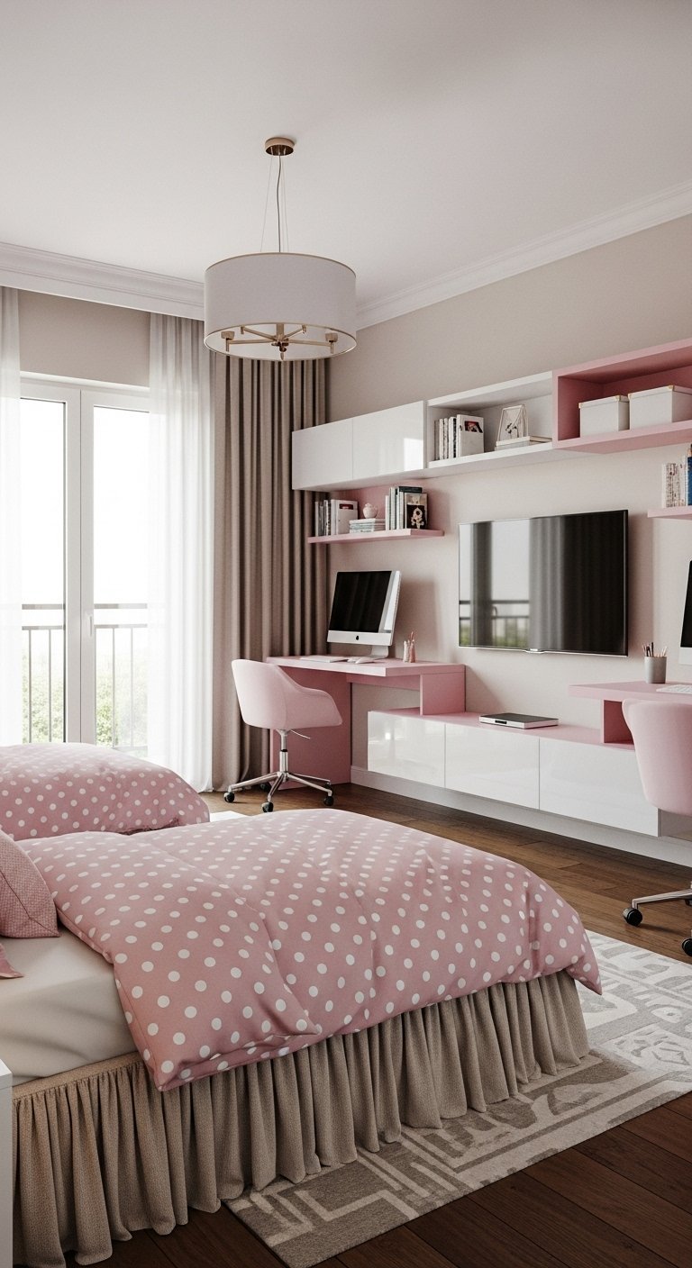 Chambre partagée avec un long meuble mural blanc et rose servant de double bureau