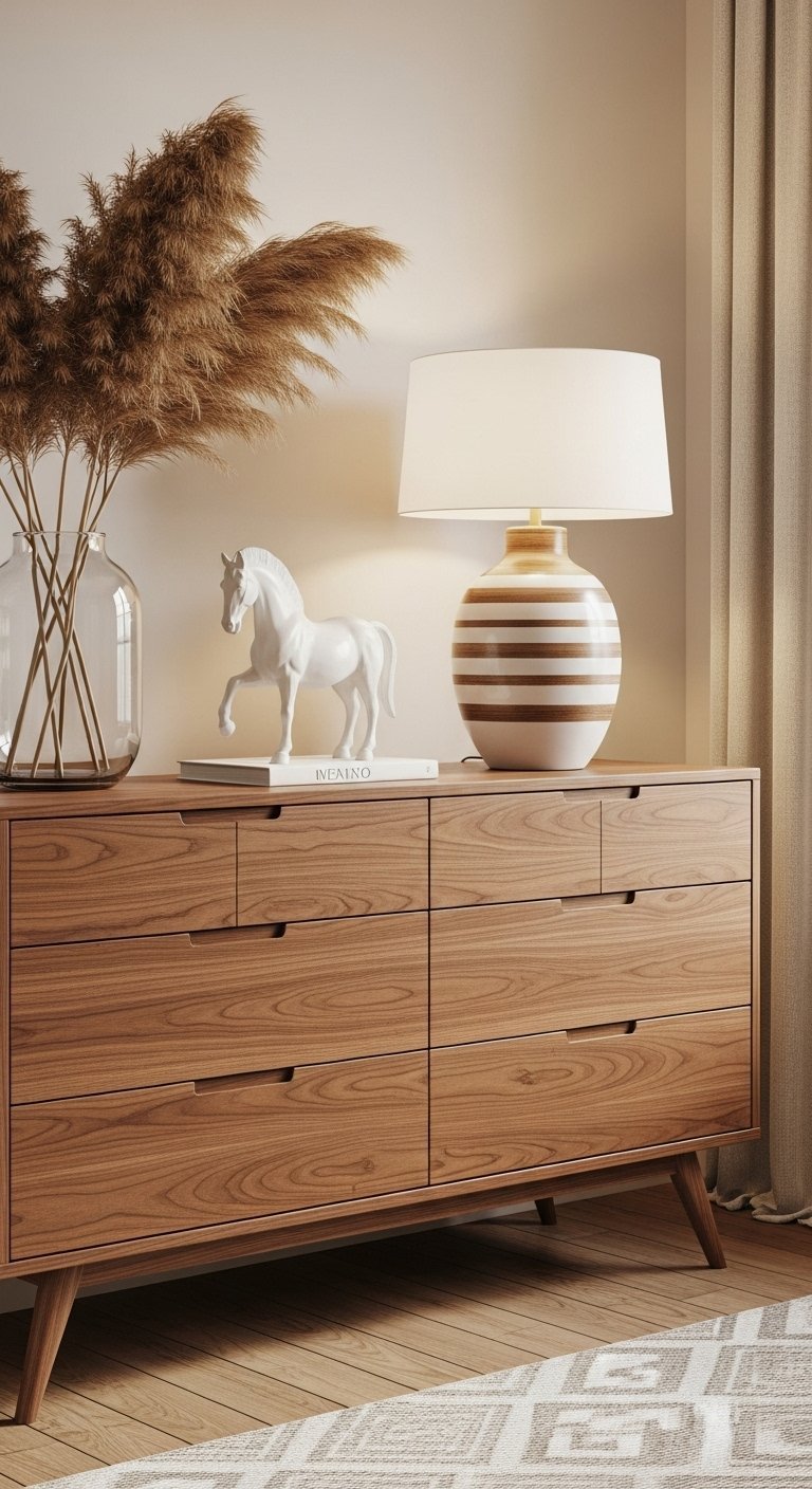 Commode en bois de noyer décorée avec une statuette de cheval et pampa