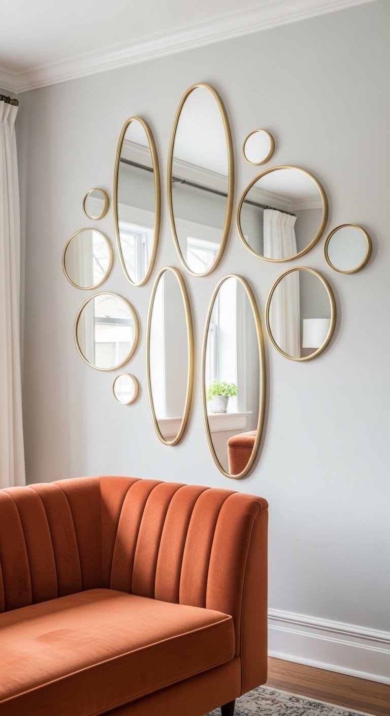 Composition murale de miroirs ronds et ovales avec cadres dorés au dessus d un canapé orange