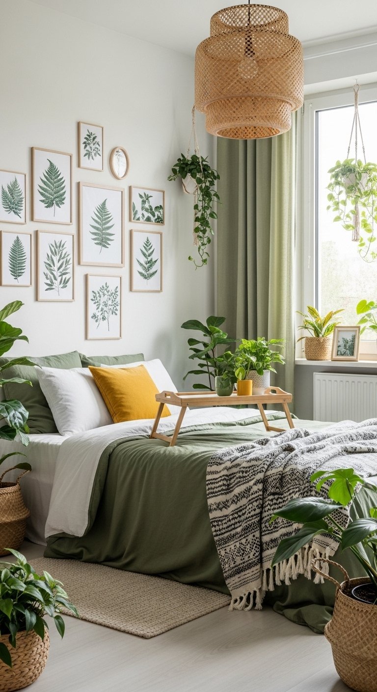 Décoration chambre femme sur le thème de la nature avec un mur de cadres botaniques