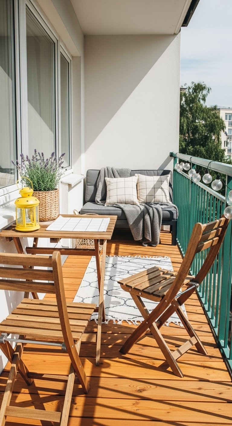 Decoration petit balcon simple avec table et chaises pliantes en bois et lanterne jaune