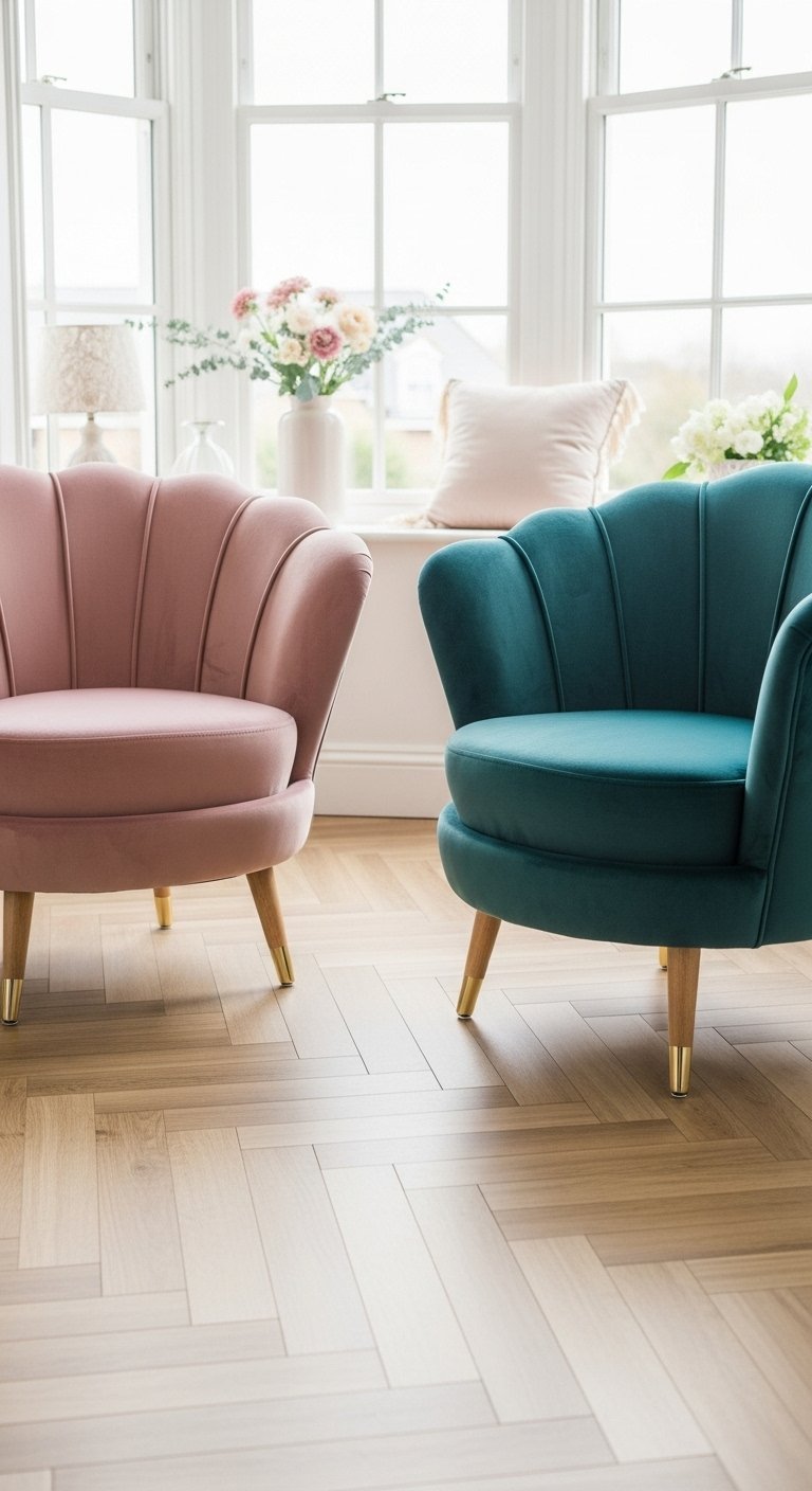 Deux fauteuils design en velours un rose poudré et un bleu canard avec des pieds en bois et laiton