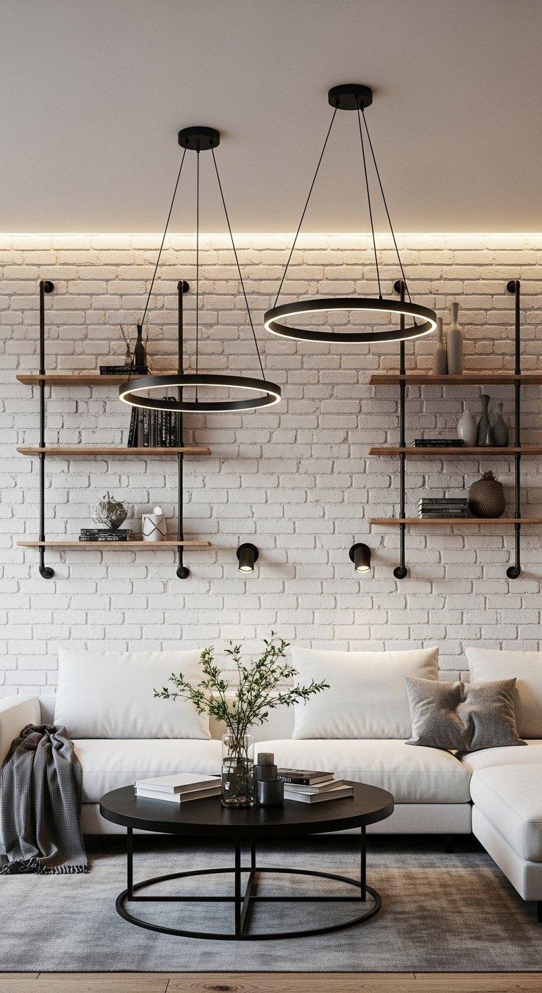 Deux suspensions anneau LED noires dans un salon industriel