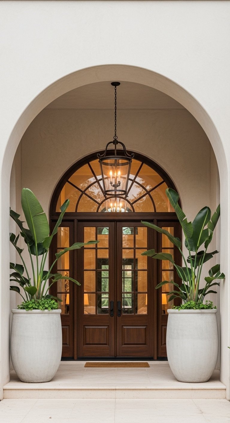 Entree de maison exterieure cintree avec portes en bois et grandes plantes tropicales