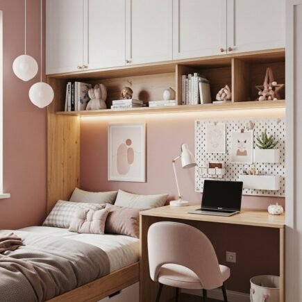 Lit enfant encastré dans une niche rose avec rangements et bureau intégrés