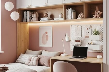 Lit enfant encastré dans une niche rose avec rangements et bureau intégrés