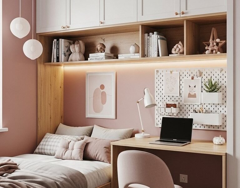 Lit enfant encastré dans une niche rose avec rangements et bureau intégrés