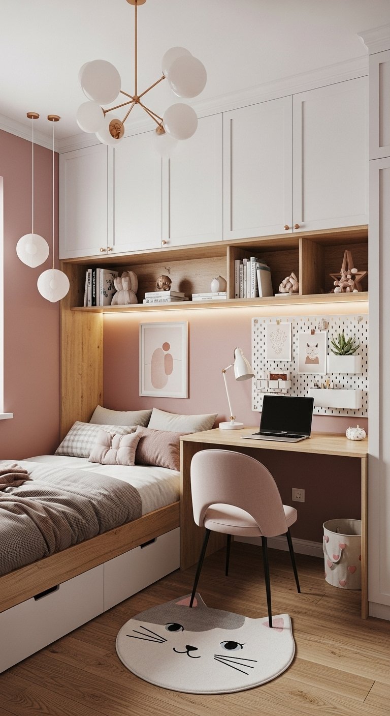 Lit enfant encastré dans une niche rose avec rangements et bureau intégrés